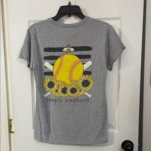 Simply Southern Gray T-Shirt with Yellow Softball and Sunflowers. Size S